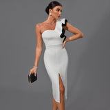 One Shoulder Sleeveless Frill Midi Bodycon Dress