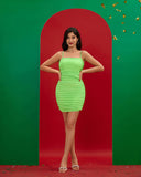 Neon Green Ruched Mesh Mini Dress