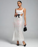 Square Neck Cutout Bow Sequins Maxi Dress