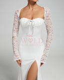 White Lace-Sleeve High Slit Maxi Dress