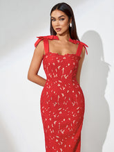 Bow-Strappy Cutout Floral Embroidered Dress