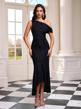 Slanted Shoulder Lace Ruched Maxi Dress