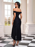 Off Shoulder Lace Ruched Fishtail Dress