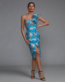 One Shoulder Frill Midi Dress