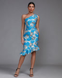 Slanted Shoulder Fishtail Midi Dress