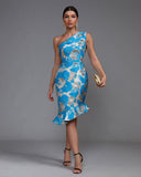 Slanted Shoulder Fishtail Midi Dress