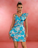 Blue Jacquard Asymmetric Ruffled Mini Dress