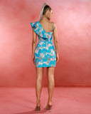 Blue Jacquard Asymmetric Ruffled Mini Dress