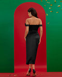 Off Shoulder Black 3D Floral Dress