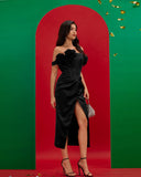 Off Shoulder Black 3D Floral Dress