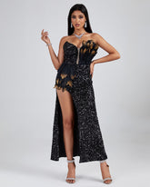 Asymmetric Sequin Embellished Feather Dress