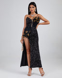 Asymmetric Sequin Embellished Feather Dress
