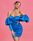 Off Shoulder Ruched Satin Mini Dress