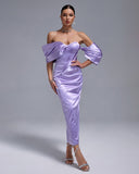 Lavender Satin Off Shoulder Midi Dress