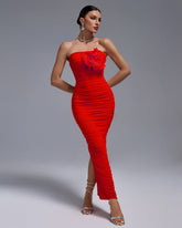 Open Back Ruched Flower Bodycon Dress