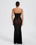 Black Flock Print Detail Mesh Maxi Dress