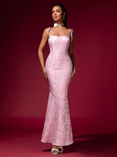 Pink Jacquard Strap Evening Dress