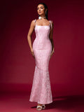Pink Jacquard Strap Evening Dress