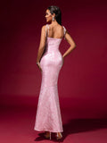 Pink Jacquard Strap Evening Dress