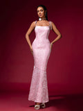 Pink Jacquard Strap Evening Dress