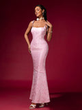 Pink Jacquard Strap Evening Dress