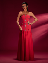 Crystal-Embellished Tulle Red Strapless Gown