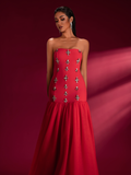 Crystal-Embellished Tulle Red Strapless Gown