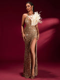 Sequin & Feather High-slit Prom Dress