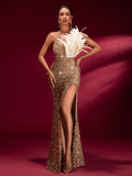 Sequin & Feather High-slit Prom Dress