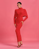 High-collar Cross Ribbed Bandage Maxi Dress