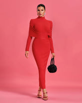 High-collar Cross Ribbed Bandage Maxi Dress