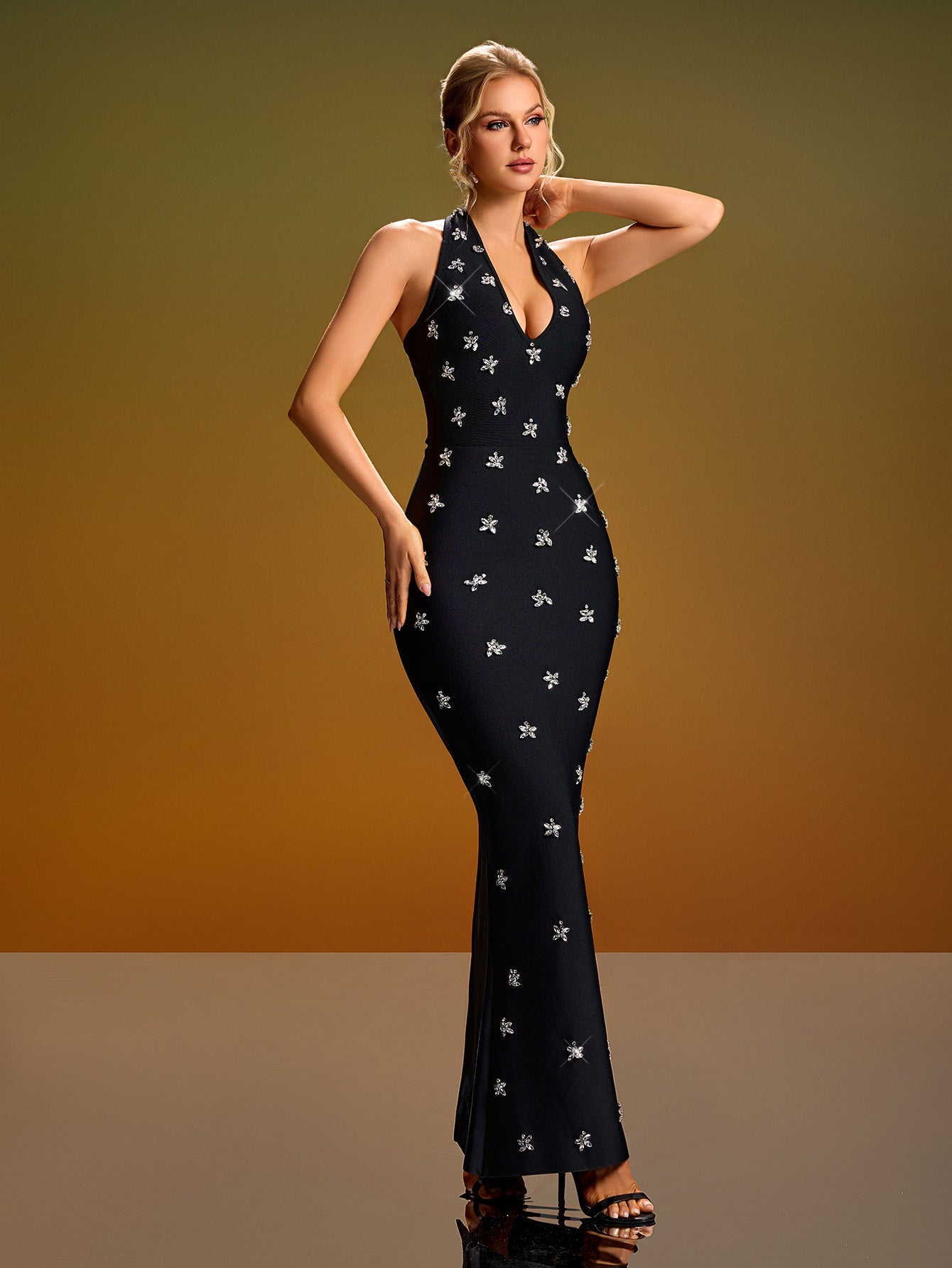 Halter Rhinestone Maxi Mermaid Dress