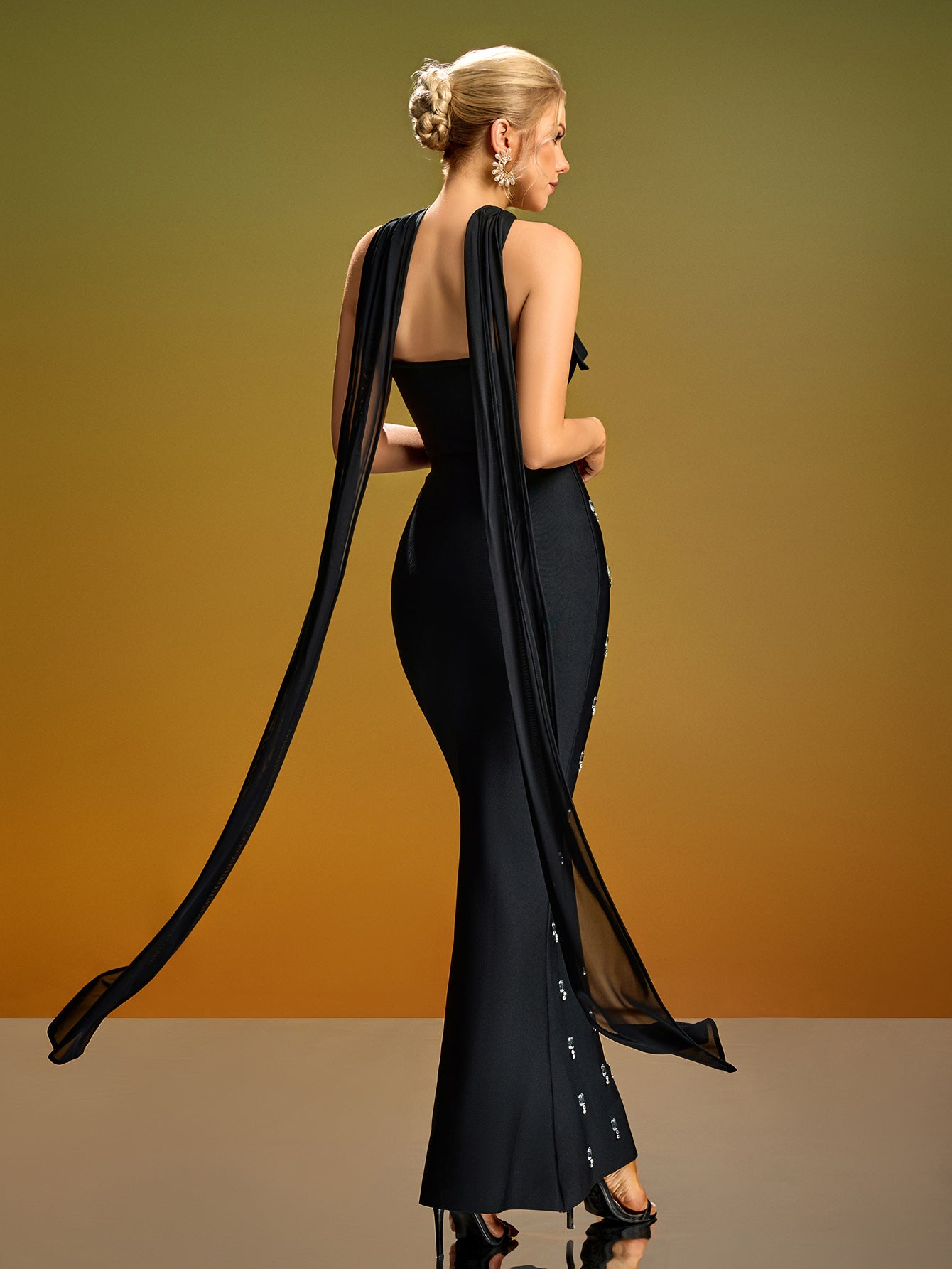 Rhinestone Maxi Dress With Neck Scarf