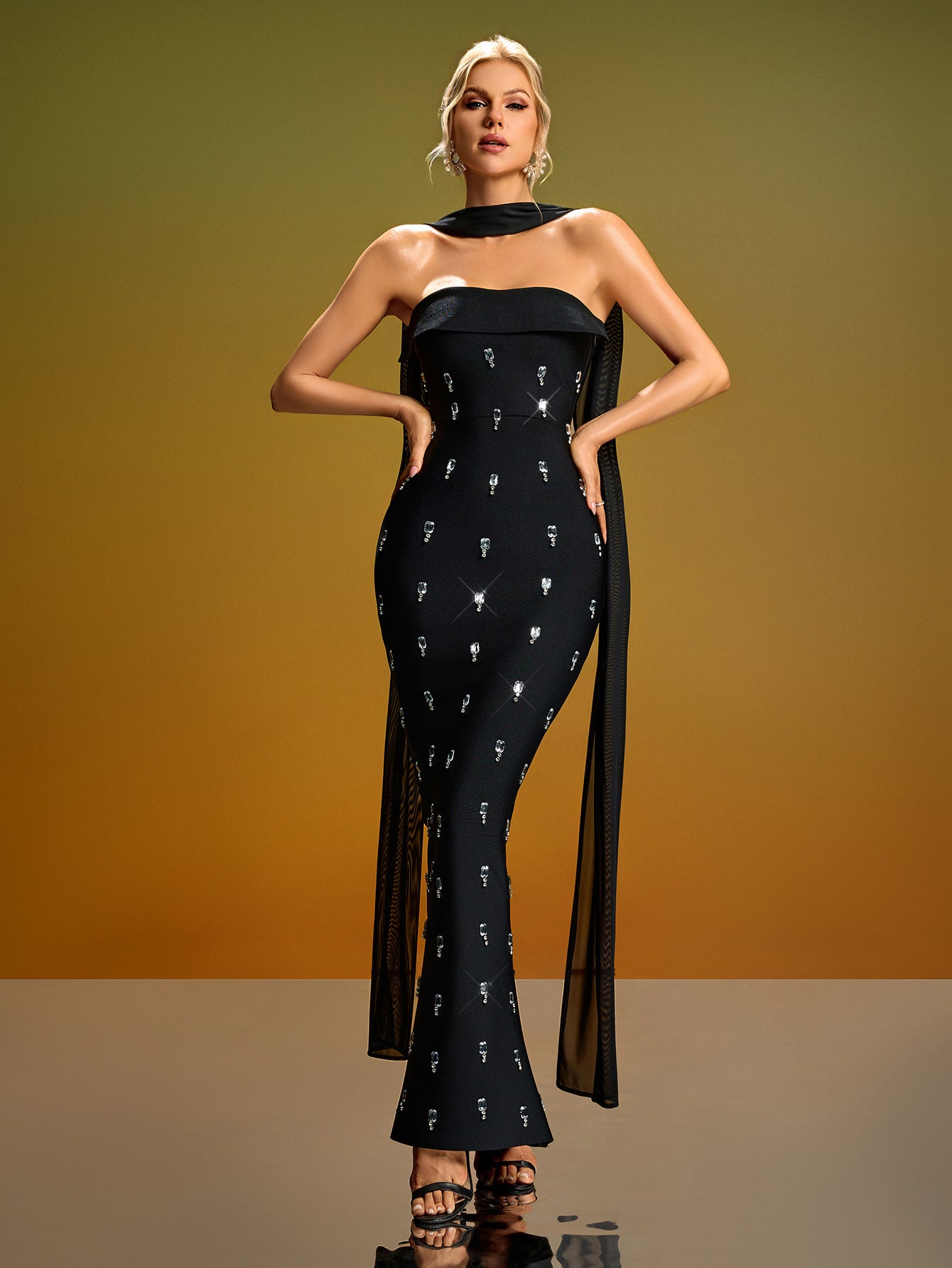 Rhinestone Maxi Dress With Neck Scarf