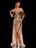 Metallic Sequin High-Slit Prom Dress