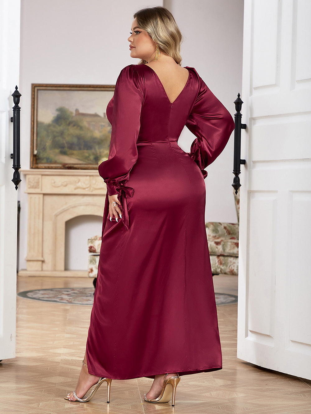 Wine Red V Neck Long Sleeve Ruched Wrap Slit Dress