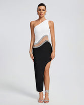 One Shoulder Bandage Patchwork Midi Dress