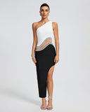 One Shoulder Bandage Patchwork Midi Dress