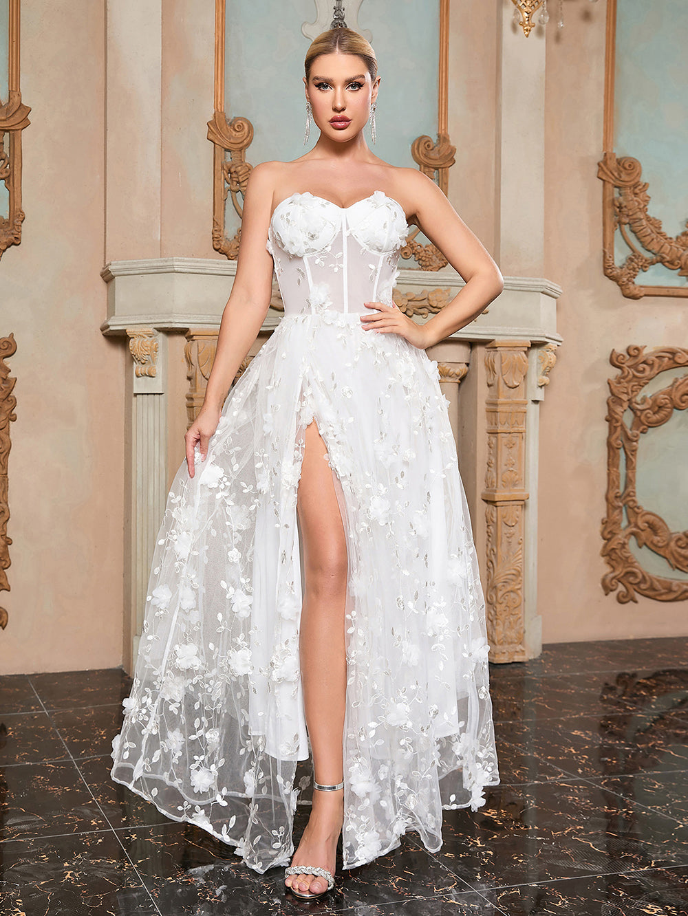 White Fairy Flower Applique Maxi Corset Tulle Dress