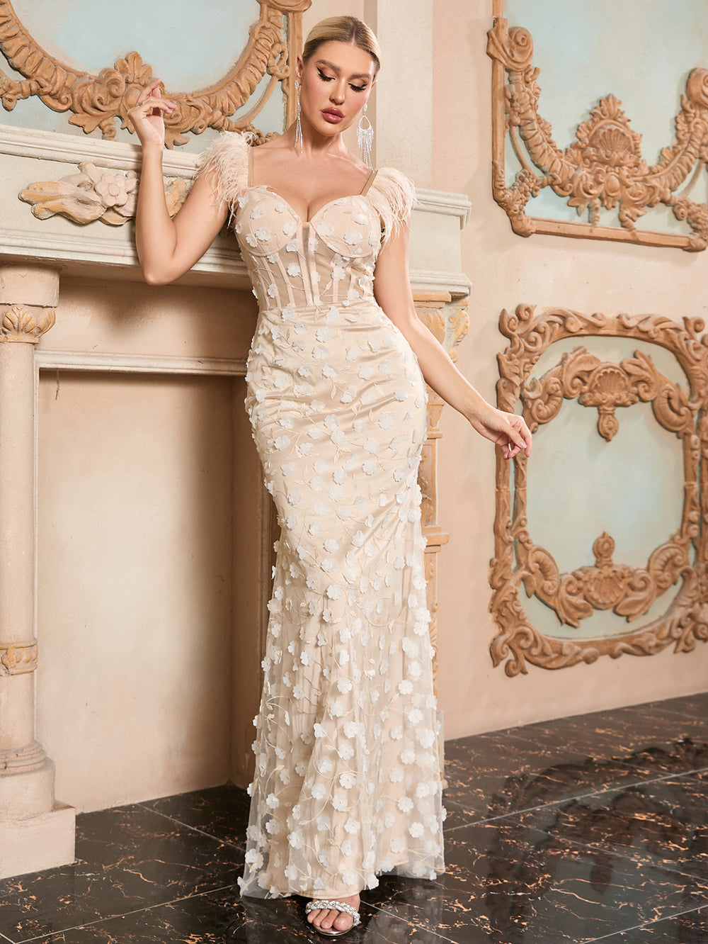 Apricot Floral Maxi Bandage Dress