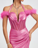 Halter Corset Ruffled Cocktail Long Dress