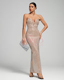 Strapless Rhinestone Sparkly Backless Maxi Dress