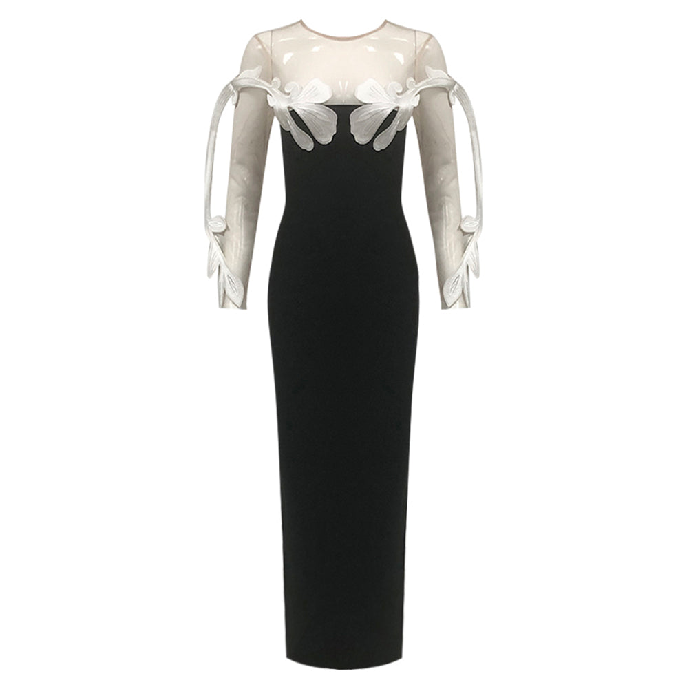 Round Neck Long Sleeve Leafs Maxi Bandage Dress HL10020