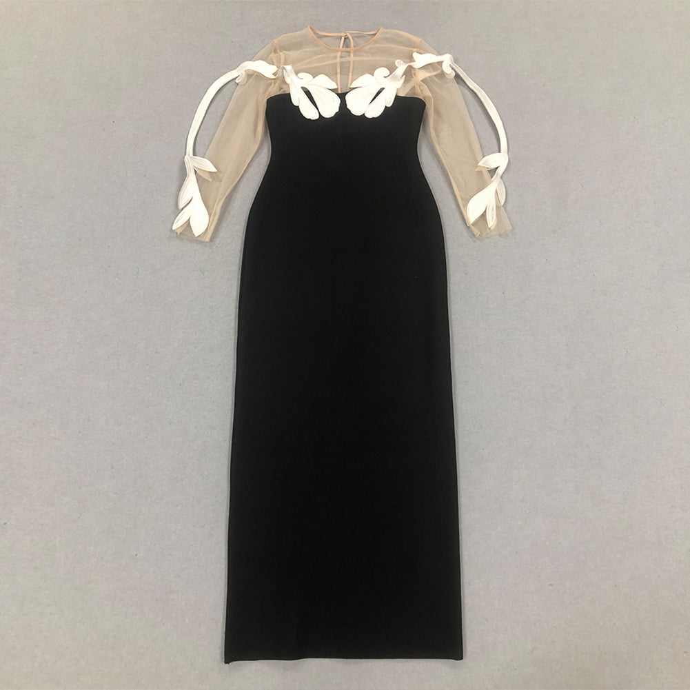 Round Neck Long Sleeve Leafs Maxi Bandage Dress HL10020
