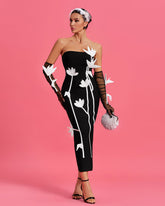 White-Flowers Strapless Midi Bandage Dress With Gloves