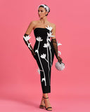 White-Flowers Strapless Midi Bandage Dress With Gloves