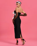 White-Flowers Strapless Midi Bandage Dress With Gloves