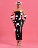 White-Flowers Strapless Midi Bandage Dress With Gloves