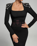 Crystal-Chain Trapezoid Neck Bandage Maxi Dress