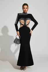 High Neck Pearl Mesh Cutout Bandage Gown